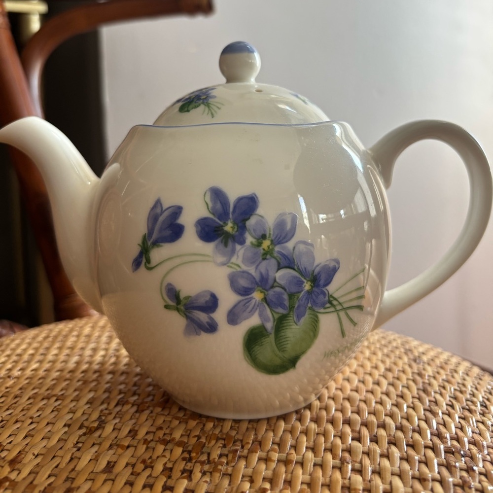 Yves Saint Laurent White Teapot with Blue and Green Floral Design